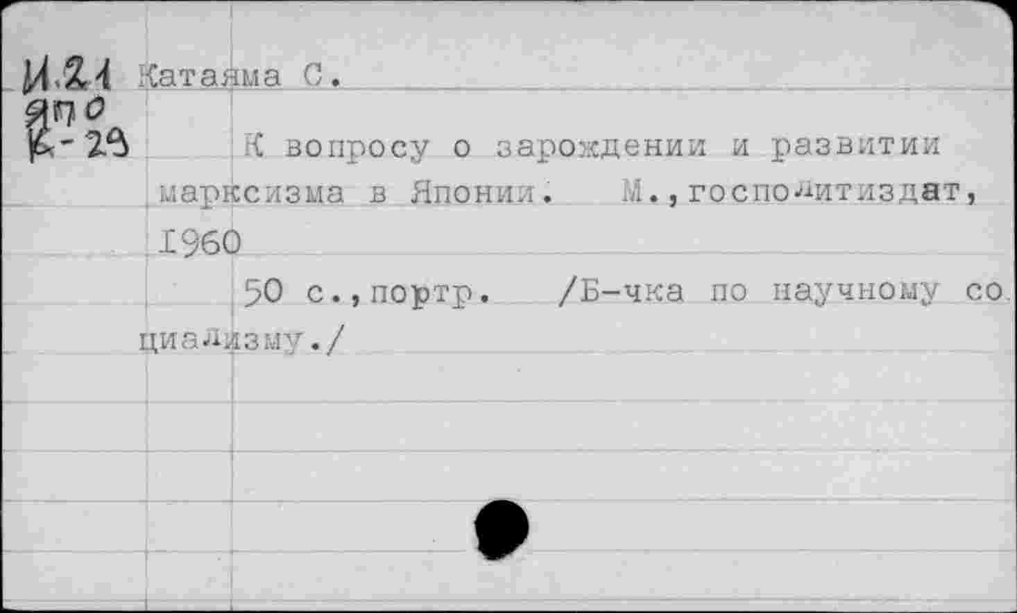 ﻿^,24 Катаяма„С.
{К вопросу о зарождении и развитии марксизма в Японии. М.,госпоДитиздат, 1960
50 с.,портр. /Б-чка по научному со циадизму./